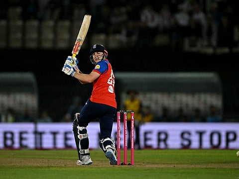 England's Harry Brook plays a shot during the first Twenty20 (T20) international cricket match between England and Sri Lanka at Utilita Bowl