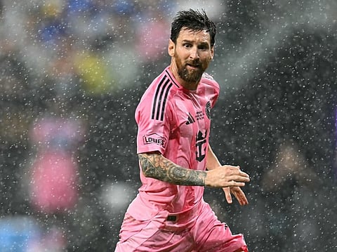 Inter Miami's Argentine forward #10 Lionel Messi runs under a light rain during the Campeones Cup final football match between Inter Miami CF and Mexico's Cruz Azul at Nu Stadium in Miami, Florida, on September 16, 2026.