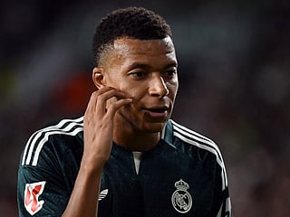 Real Madrid's Spanish forward #10 Kylian Mbappe reacts during the Spanish league football match between Elche CF and Real Madrid CF at Martinez Valero Stadium in Elche on September 15, 2026.