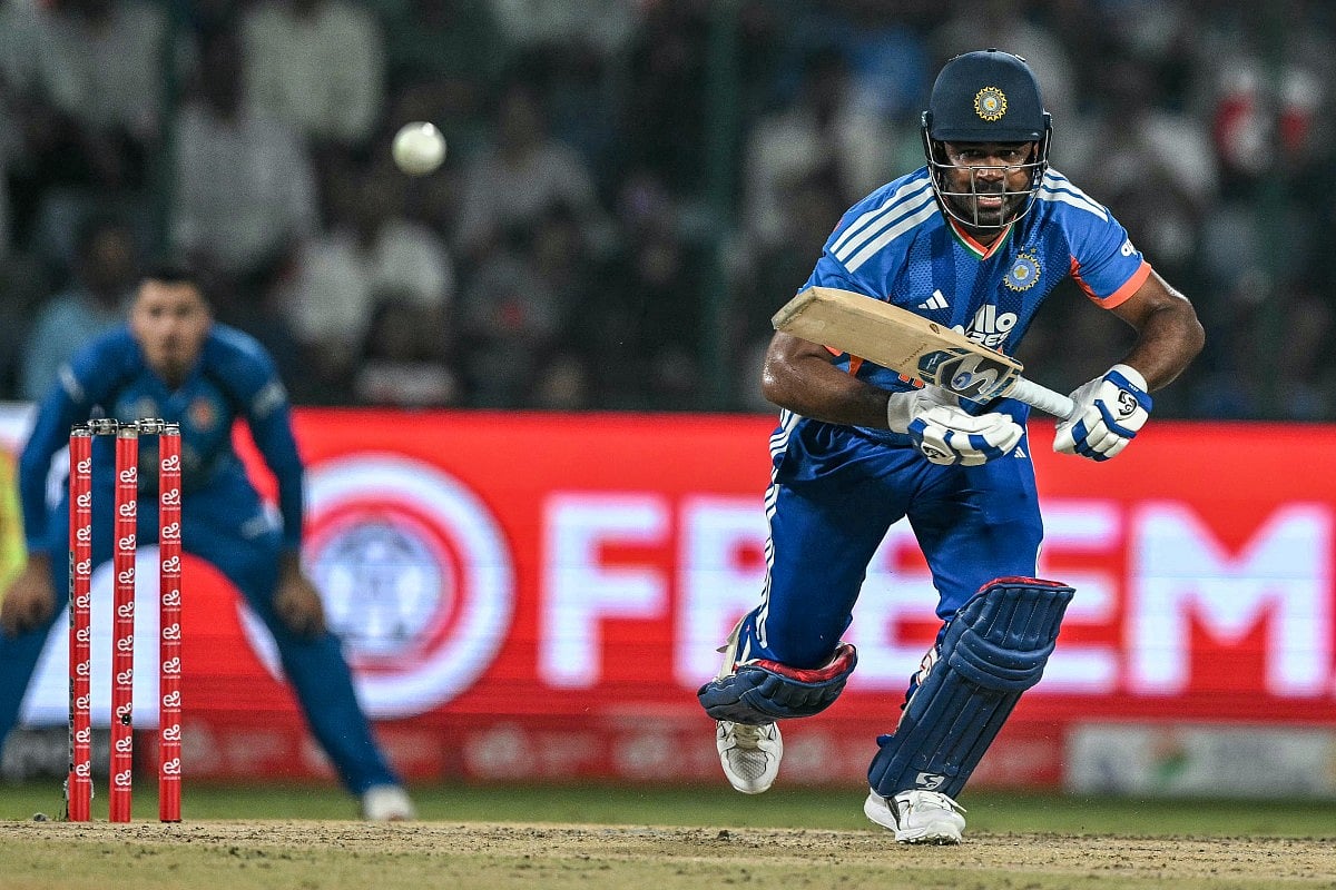 India's Sanju Samson reacts after playing a shot during the third T20 international cricket match between India and Afghanistan at the Arun Jaitley Stadium in New Delhi on September 17, 2026.