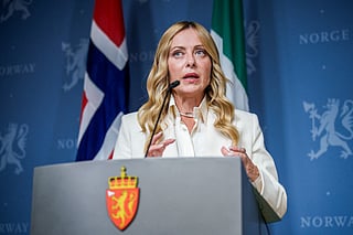 Italian Prime Minister Giorgia Meloni delivers a press conference after a meeting with Norwegian Prime Minister Jonas Gahr Store at the government's representative facilities in Parkveien, Oslo, Norway , on September 17, 2026.