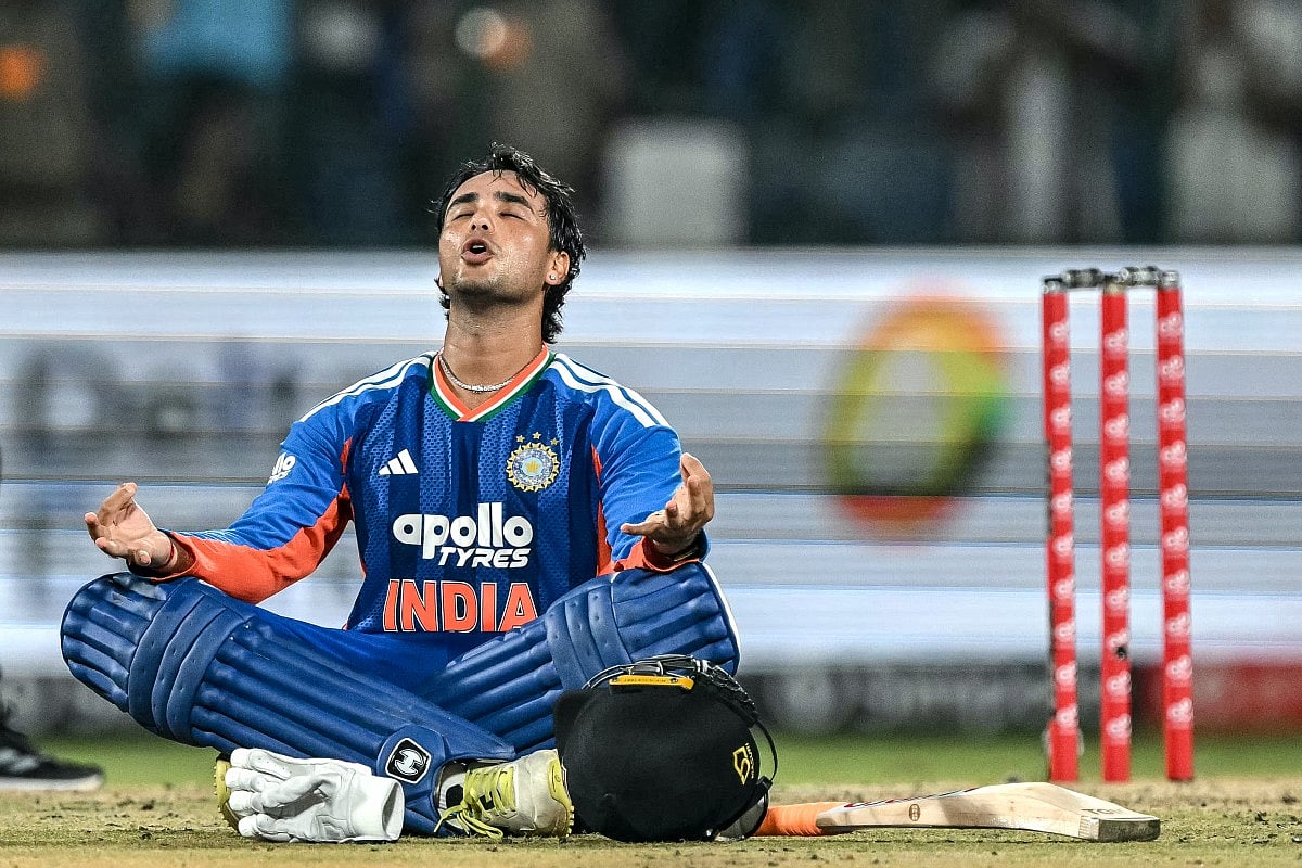 India's Abhishek Sharma celebrates after scoring a century (100 runs) during the third T20 international cricket match between India and Afghanistan at the Arun Jaitley Stadium in New Delhi on September 17, 2026.