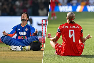 Abhishek Sharma with an Erling Haaland celebration after scoring a record-breaking century