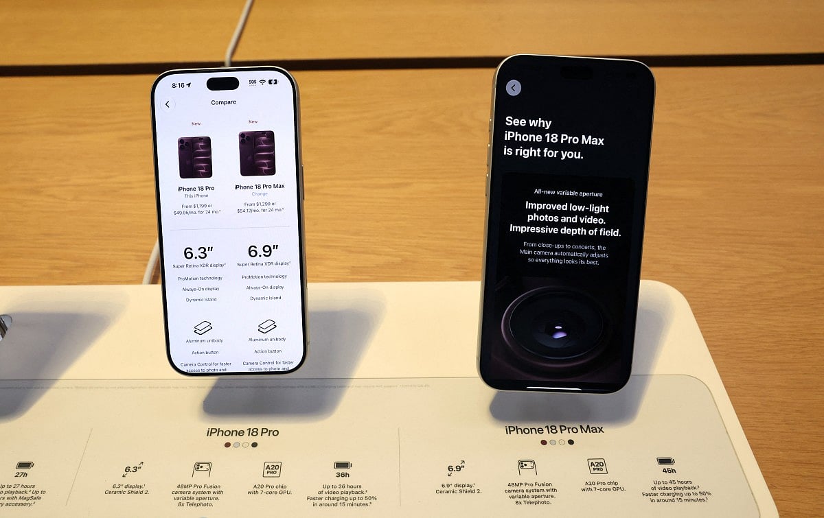 The iPhone 18 Pro and iPhone 18 Pro Max at the iPhone launch day at the Apple Fifth Avenue store in New York City on September 18, 2026, for the debut of the iPhone 18 Pro and iPhone 18 Pro Max.