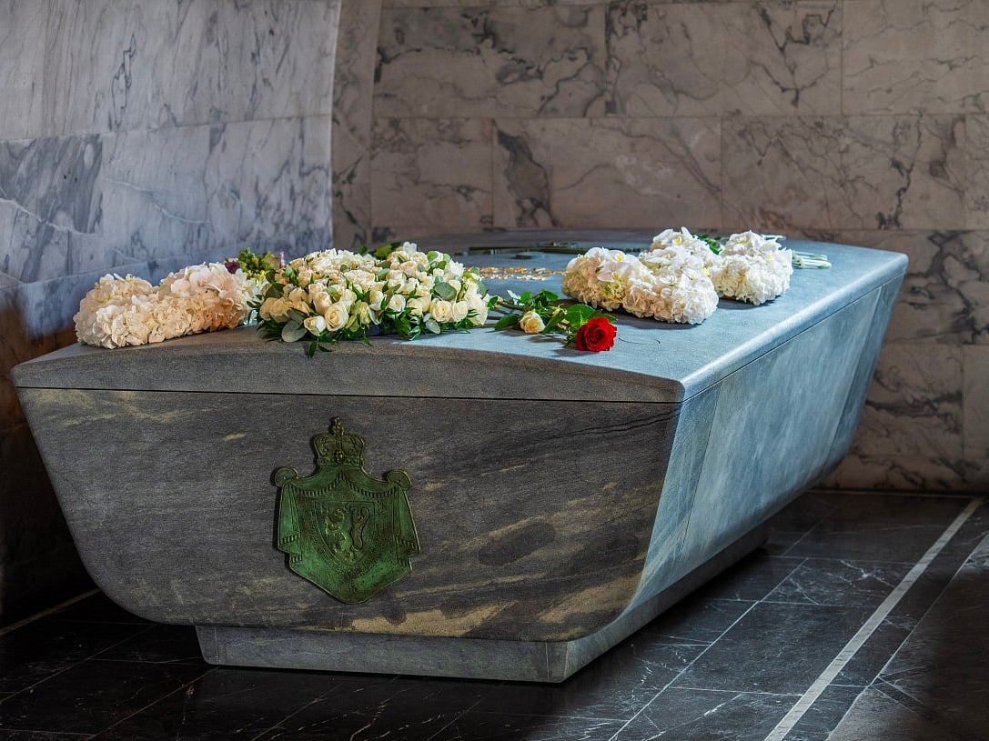The sarcophagus of Norway's late King Harald V is seen in the crypt of the palace church in Oslo, Norway, on September 18, 2026.