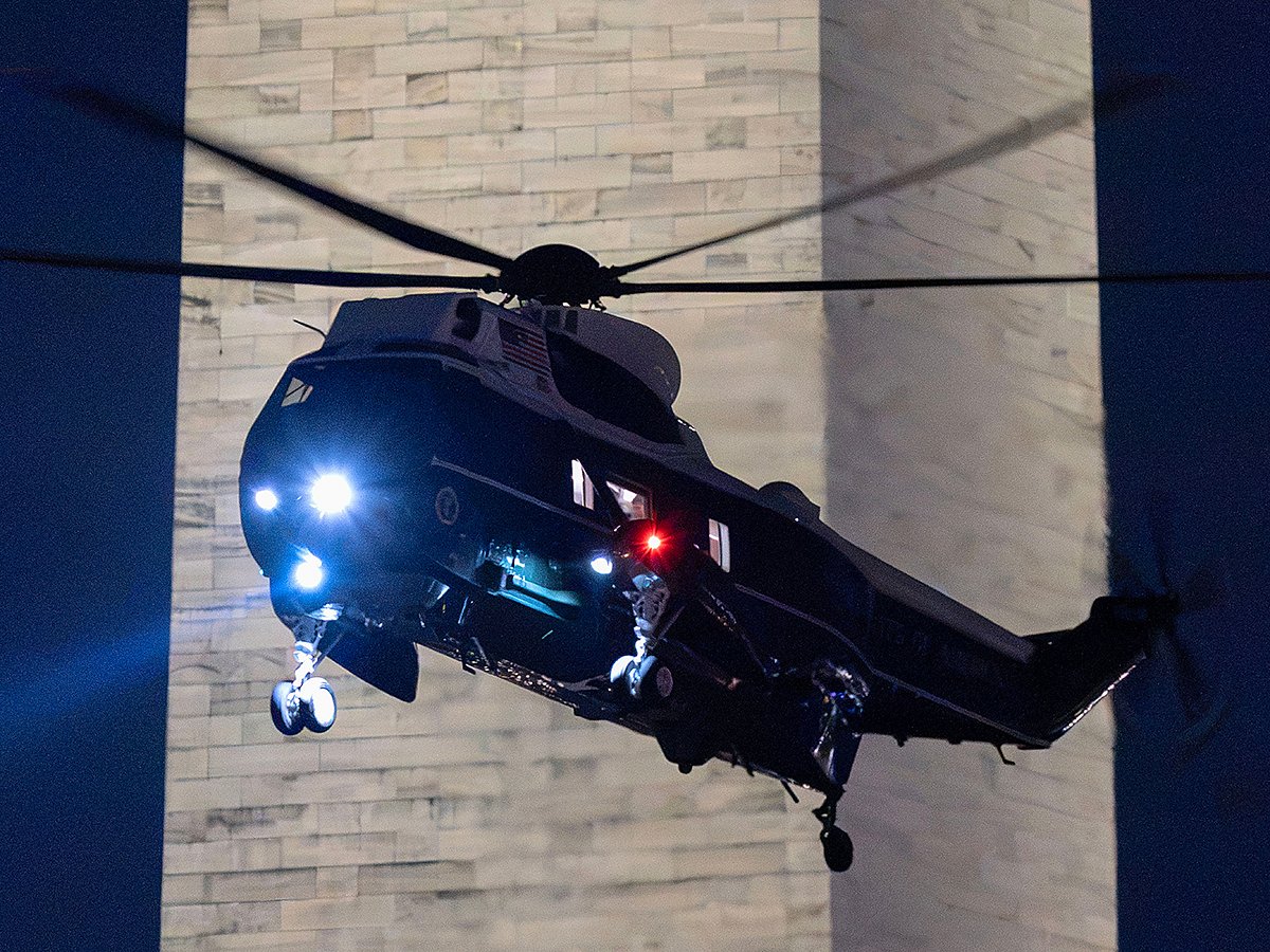 Marine One with President Donald Trump aboard arrives at the Ellipse just outside of the White House, in Washington.