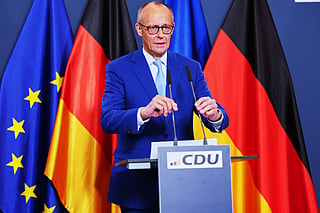 German Chancellor Friedrich Merz speaks to media at the Christian Democratic Union party headquarters in Berlin, Germany, Sunday, Sept. 20, 2026. 