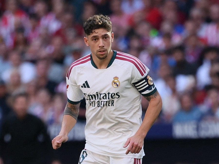 Real Madrid's Uruguayan midfielder #08 Federico Valverde runs with the ball during the Spanish league football match between Club Atletico de Madrid and Real Madrid CF at the Metropolitano stadium in Madrid on September 20, 2026.