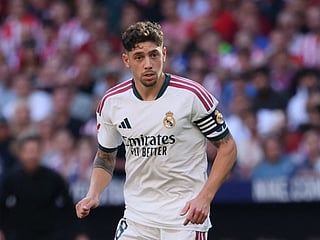 Real Madrid's Uruguayan midfielder #08 Federico Valverde runs with the ball during the Spanish league football match between Club Atletico de Madrid and Real Madrid CF at the Metropolitano stadium in Madrid on September 20, 2026.
