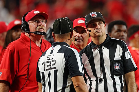 Head coach Andy Reid of the Kansas City Chiefs watches a replay in overtime against the Indianapolis Colts at Arrowhead Stadium on September 20, 2026 in Kansas City, Missouri.