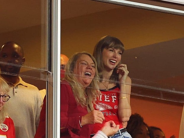 Singer Taylor Swift reacts with her mom, Andrea Swift, during the third quarter against the Indianapolis Colts at Arrowhead Stadium on September 20, 2026 in Kansas City, Missouri.