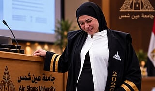 Ain Shams researcher Aya Khalaf Ahmed attended her thesis defence at the Faculty of Education at Ain Shams University on Saturday morning despite experiencing contractions ahead of the birth of her three babies.