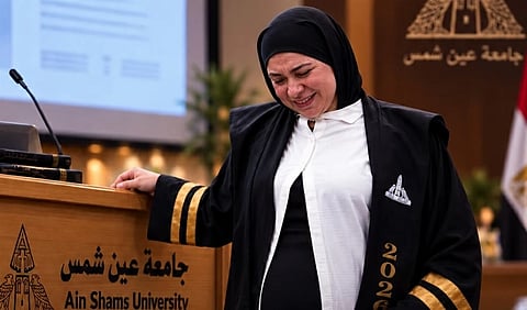 Ain Shams researcher Aya Khalaf Ahmed attended her thesis defence at the Faculty of Education at Ain Shams University on Saturday morning despite experiencing contractions ahead of the birth of her three babies.
