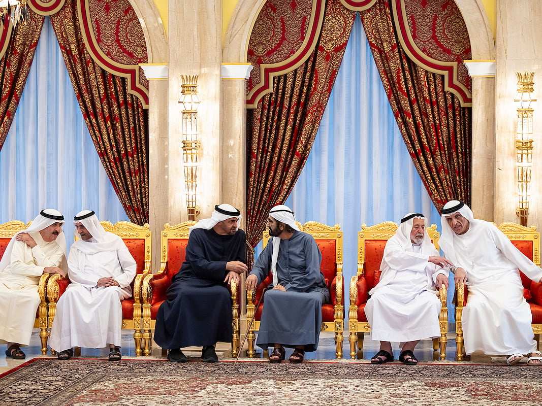 Sheikh Mohamed bin Zayed (3rd L) offers condolences to Sheikh Mohamed bin Rashid (3rd R) on the passing of the late Sheikh Ahmed bin Rashid Al Maktoum, at Majlis Zabeel. Seen with Sheikh Saud (R), Sheikh Dr Sultan (2nd R),  Sheikh Hamad (2nd L) and Sheikh Saud (L).