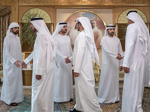 Hamdan and Maktoum bin Mohammed receive condolences on passing of Sheikh Ahmed bin Rashid