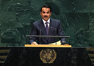 Qatar's Emir Sheikh Tamim bin Hamad al-Thani speaks during the 81st United Nations General Assembly at the United Nations Headquarters in New York, on September 22, 2026.