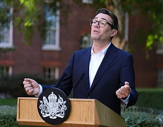 Britain's Prime Minister Andy Burnham gives a speech during a reception at 10 Downing Street, London, Monday Sept. 21, 2026, to recognise the contribution of organisations and volunteers who supported communities across the UK this summer, through the recent heatwaves, wildfires and other emergencies. (Jonathan Brady/Pool Photo via AP)