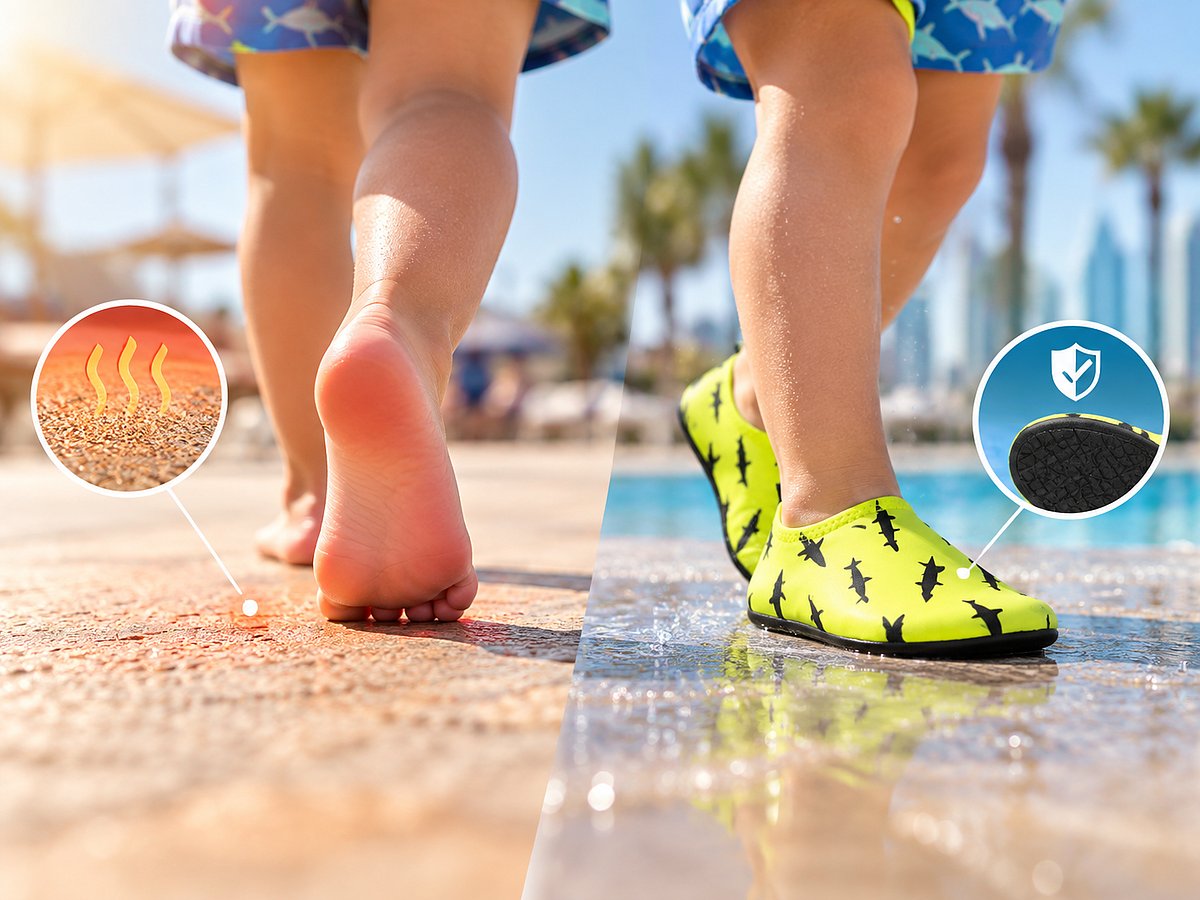 Hot sand and sun-exposed pool decks can become uncomfortable quickly, making protective footwear especially useful for children during outdoor play.