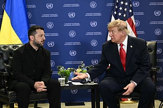 Ukraine's President Volodymyr Zelensky (L) during a bilateral meeting with US President Donald Trump on the sidelines of the 81st United Nations General Assembly in New York, on September 22, 2026.