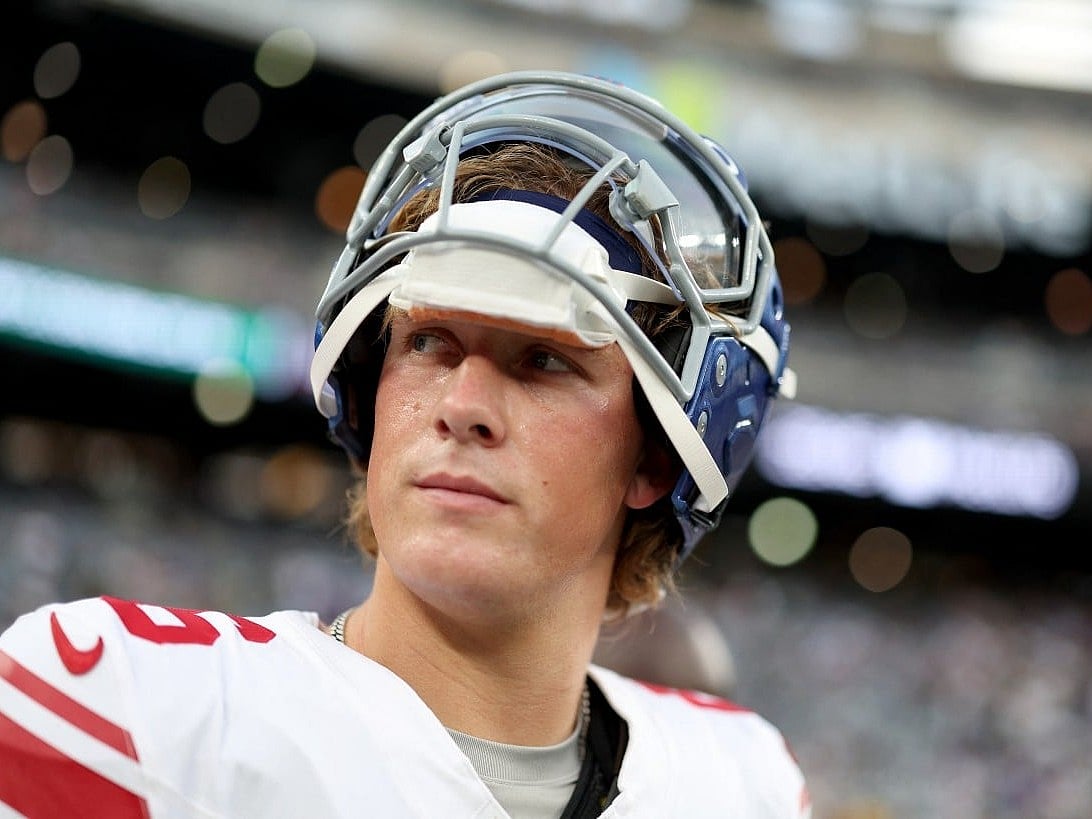 Jaxson Dart #6 of the New York Giants leaves the field before preseason game against the New York Jets at MetLife Stadium on August 28, 2026 in East Rutherford, New Jersey.