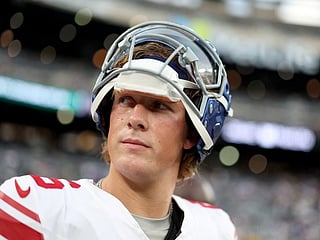 Jaxson Dart #6 of the New York Giants leaves the field before preseason game against the New York Jets at MetLife Stadium on August 28, 2026 in East Rutherford, New Jersey.
