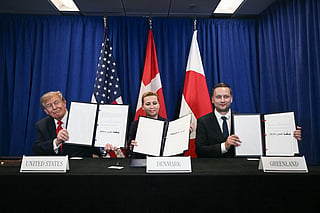 US President Donald Trump, Denmark's Prime Minister Mette Frederiksen and Greenland's Prime Minister Jens-Frederik Nielsen sign a trilateral security deal on the sidelines of the 81st United Nations General Assembly in New York, on September 22, 2026.