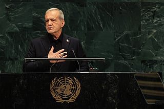Iranian President Masoud Pezeshkian speaks during the 81st session of the United Nations General Assembly at U.N. Headquarters on September 23, 2026 in New York City.