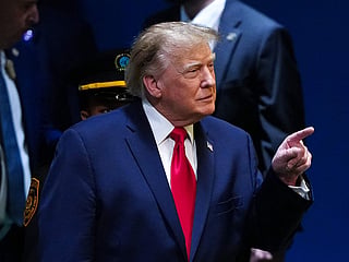 President Donald Trump points while arriving to speak to the United Nations General Assembly, Tuesday, Sept. 22, 2026, at the UN headquarters. (AP Photo/Julia Demaree Nikhinson)