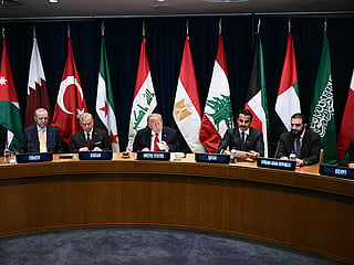US President Donald Trump (C) attends a Gulf Cooperation Council (GCC) multilateral meeting alongside (L/R) Turkey's President Recep Tayyip Erdogan, King Abdullah II of Jordan, Qatar's Emir Sheikh Tamim bin Hamad Al Thani and Syrian President Ahmed Al Sharaa on the sidelines of the 81st United Nations General Assembly in New York on September 22, 2026. 