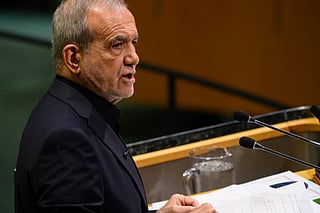 President of Iran Masoud Pezeshkian speaks during the 81st session of the United Nations (U.N.) General Assembly at U.N. Headquarters on September 23, 2026 in New York City.