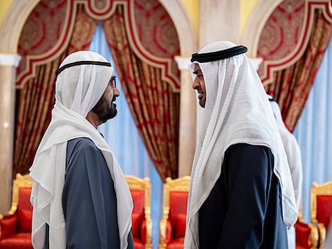UAE President His Highness Sheikh Mohamed bin Zayed Al Nahyan (R) offers condolences to His Highness Sheikh Mohammed bin Rashid Al Maktoum, Vice President and Prime Minister of the UAE and Ruler of Dubai, on the passing of Sheikh Ahmed bin Rashid Al Maktoum.