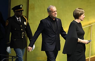 Iran's President Masoud Pezeshkian arrives to speak during the 81st United Nations General Assembly at the United Nations Headquarters in New York, on September 23, 2026.