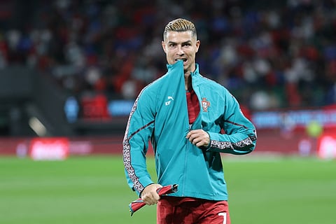 Portugal's forward #07 Cristiano Ronaldo gestures ahead of the UEFA Nations League league phase group A4 football match between Portugal and Wales at Jose Alvalade stadium in Lisbon on September 24, 2026.