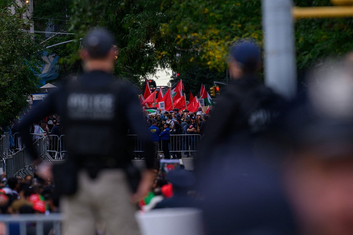 NYPD and Secret Service officers outside the United Nations watch Pro Palestinian protesters demonstrating against Israeli Prime Minister Benjamin Netanyahu and the war in Gaza, and Iran, on September 24, 2026, in New York City.