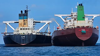 This handout photo fshows two oil tankers making a ship-to-ship transfer.