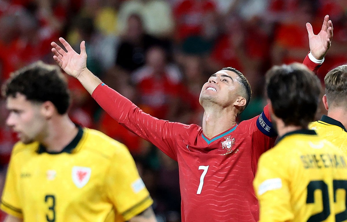 Portugal's forward #07 Cristiano Ronaldo reacts after missing a goal opportunity during the UEFA Nations League league phase group A4 football match between Portugal and Wales at Jose Alvalade stadium in Lisbon on September 24, 2026.