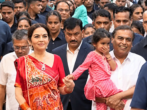 Reliance Industries Chairman Mukesh Ambani and his wife Nita Ambani arrive at Lalbaugcha Raja in Mumbai for Ganesh Chaturthi prayers.