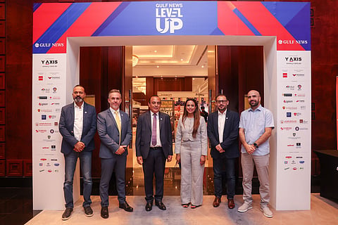 From left to right: Potru Raju, Director of Circulation Sales & Distribution, Gulf News; Mark Thompson, Editor-In-Chief, Gulf News; Vijay Vaghela, CEO, Gulf News; Tina Bhaktha, Director of Events & Special Features, Gulf News; Santu Dev, Director of Media Commercial, Gulf News; and Mohamad Waleed Abdelaal, Director of Commercial Printing Sales & Production Plan, Gulf News