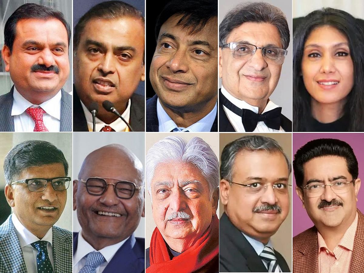 A combination photo of India's richest people as of Aug. 2026 based on latest M3M Hurun India Rich List 2026 published on Sept. 23, 2026, clockwise from top left: (1) Gautam Adani; (2) Mukesh Ambani; (3) Lakshmi Niwas Mittal; (4) Cyrus S. Poonawalla ; (5) Roshni Nadar Malhotra; (6) Kumar Mangalam Birla; (7) Dilip Shanghvi; (8) Azim Premji; (9) Anil Agarwal; and (10) Samir Mehta.