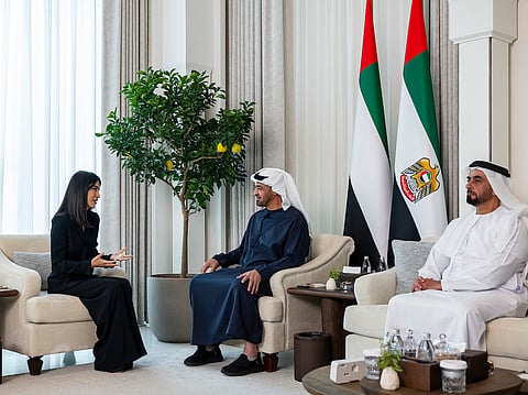 Sheikh Mohamed bin Zayed (C), meets with Saida Mirziyoyeva, Head of the Presidential Administration of Uzbekistan (L). Seen with Lt General Sheikh Saif (R) 