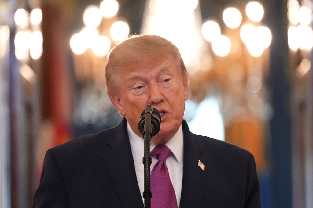 President Donald Trump speaks during an arrival ceremony with China's President Xi Jinping in the Grand Foyer of the White House, Thursday, Sept. 24, 2026, in Washington. 