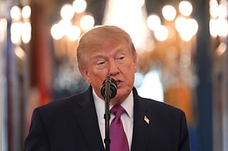 President Donald Trump speaks during an arrival ceremony with China's President Xi Jinping in the Grand Foyer of the White House, Thursday, Sept. 24, 2026, in Washington. 