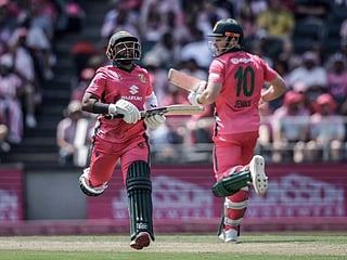 South Africa's Temba Bavuma (L) and David Miller (R) run between the wickets during the second ODI against Australia at the DP World Wanderers Stadium in Johannesburg on September 27, 2026.