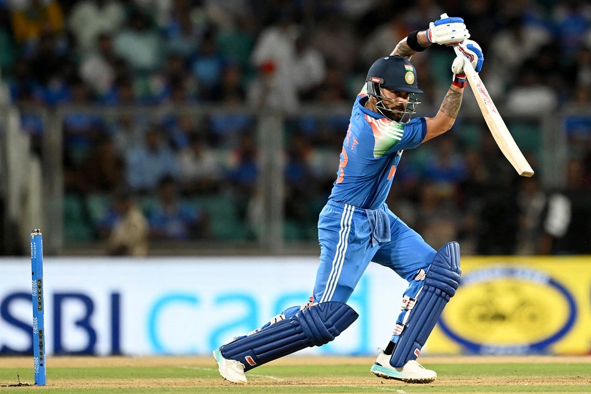 India's Virat Kohli watches the ball after playing a shot during the first one-day international (ODI) cricket match between India and West Indies at the Greenfield International Stadium in Thiruvananthapuram on September 27, 2026.