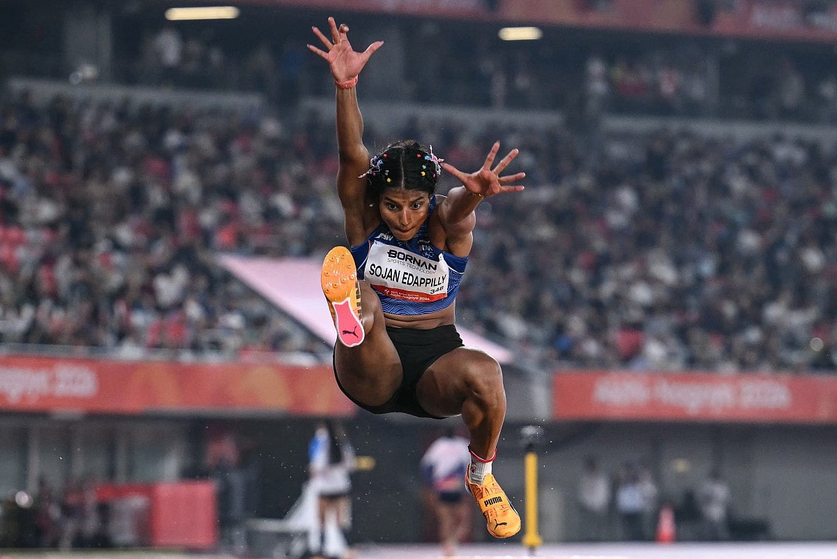 India's Ancy Sojan Edappilly competes in the women's long jump final during the 2026 Asian Games at Nagoya City Mizuho Park Athletic Stadium in Nagoya, Aichi Prefecture on September 27, 2026.