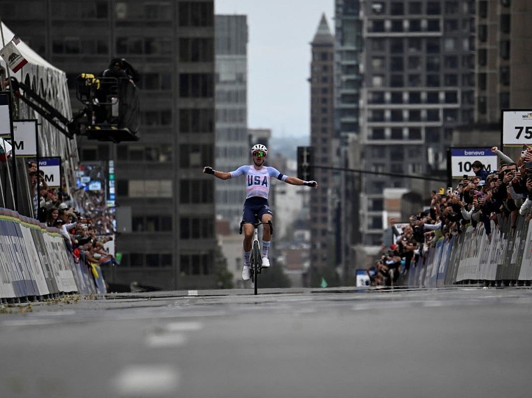 The United States' Brandon McNulty celebrates winning the Men Elite Road Race during the 2026 Union Cycliste Internationale (UCI) Road World Championships in Montreal, Quebec, on September 27, 2026.