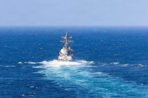 USS Rafael Peralta (DDG 115) sails in regional waters as the guided-missile destroyer continues strict enforcement of the US blockade against Iran.
