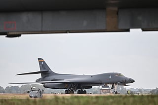 A US Air Force B-1 Lancer bomber is pictured on the tarmac at RAF Fairford base in Fairford, south-west England on September 27, 2026, as UK counter-terrorism police investigate an incident near the base in the village of Whelford.