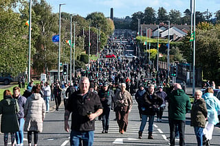 Protesters gather on Garvaghy Road after a contentious Orange Order parade was given late-night clearance to march in Portadown, Northern Ireland on September 27, 2026.