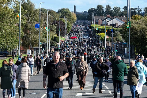 Protesters gather on Garvaghy Road after a contentious Orange Order parade was given late-night clearance to march in Portadown, Northern Ireland on September 27, 2026.